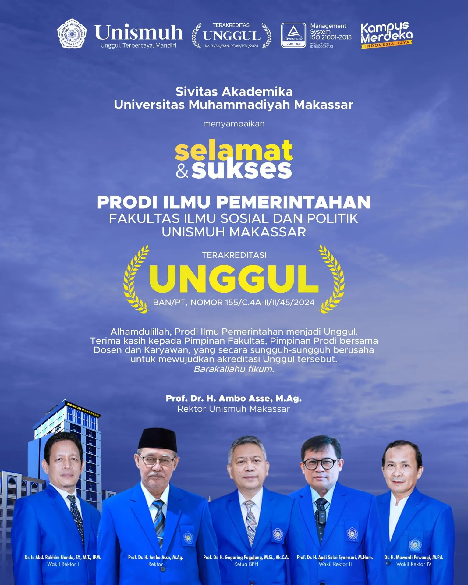 Raih Akreditasi Unggul dari BAN-PT, Prodi Ilmu Pemerintahan Unismuh Makassar Targetkan Akreditasi Internasional