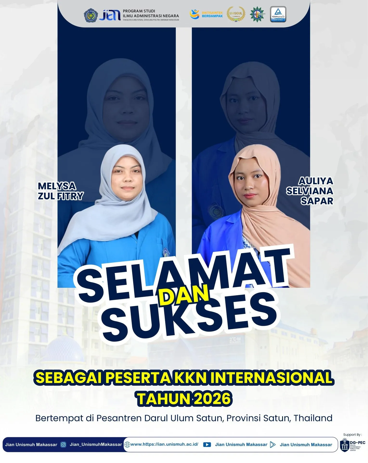Dua Mahasiswi Ilmu Administrasi Negara Unismuh Ikuti KKN Internasional di Thailand